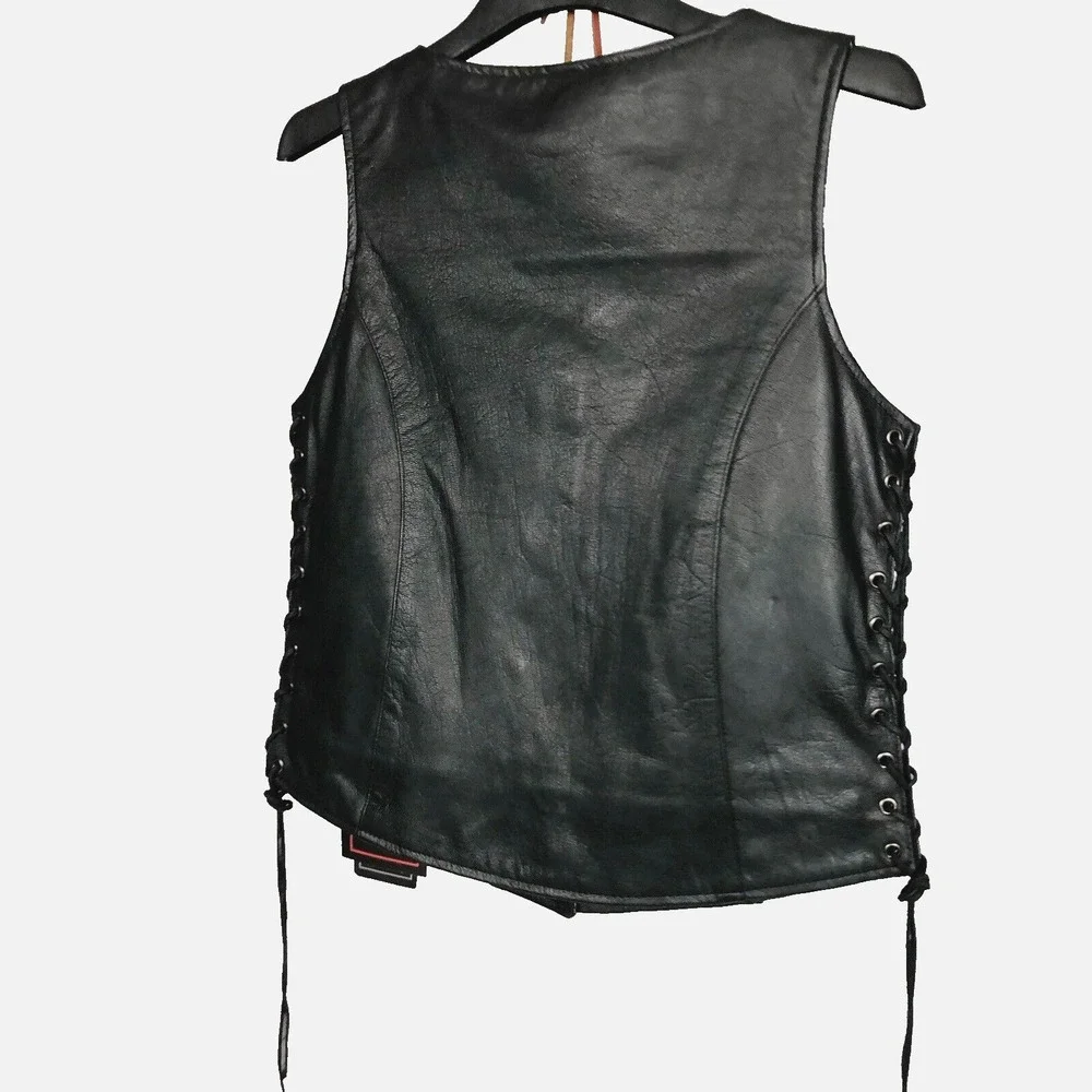 Unik Premium Women Sz M Black Leather Snap Front Vest Side Laces Paisley Liner - Picture 7 of 16